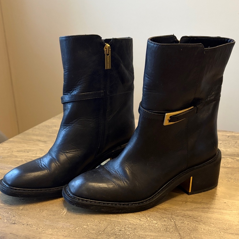 Vince Camuto Black Heeled Boots with Gold Accents